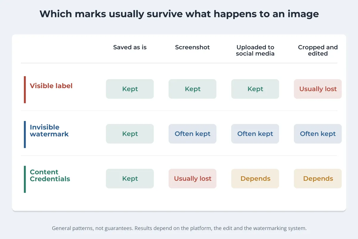 A table of how often each mark survives four things: visible labels survive saving, screenshots and uploads but are usually lost when cropped; invisible watermarks are often kept through all four; Content Credentials are usually lost in a screenshot and depend on the platform for uploads and edits