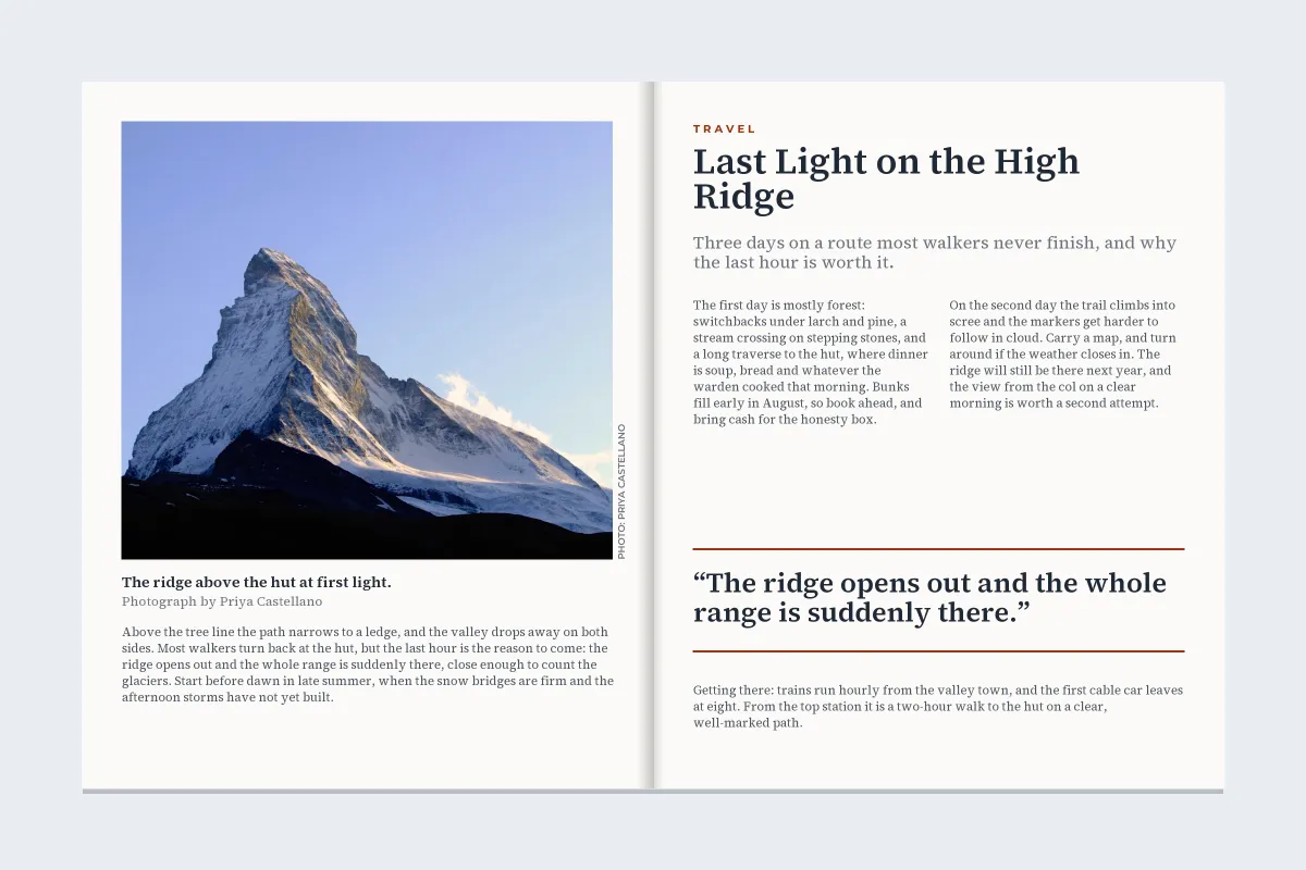 A magazine spread with a photo of a snowy mountain peak on the left page, a small vertical PHOTO: PRIYA CASTELLANO credit along its edge, and a caption reading Photograph by Priya Castellano below it