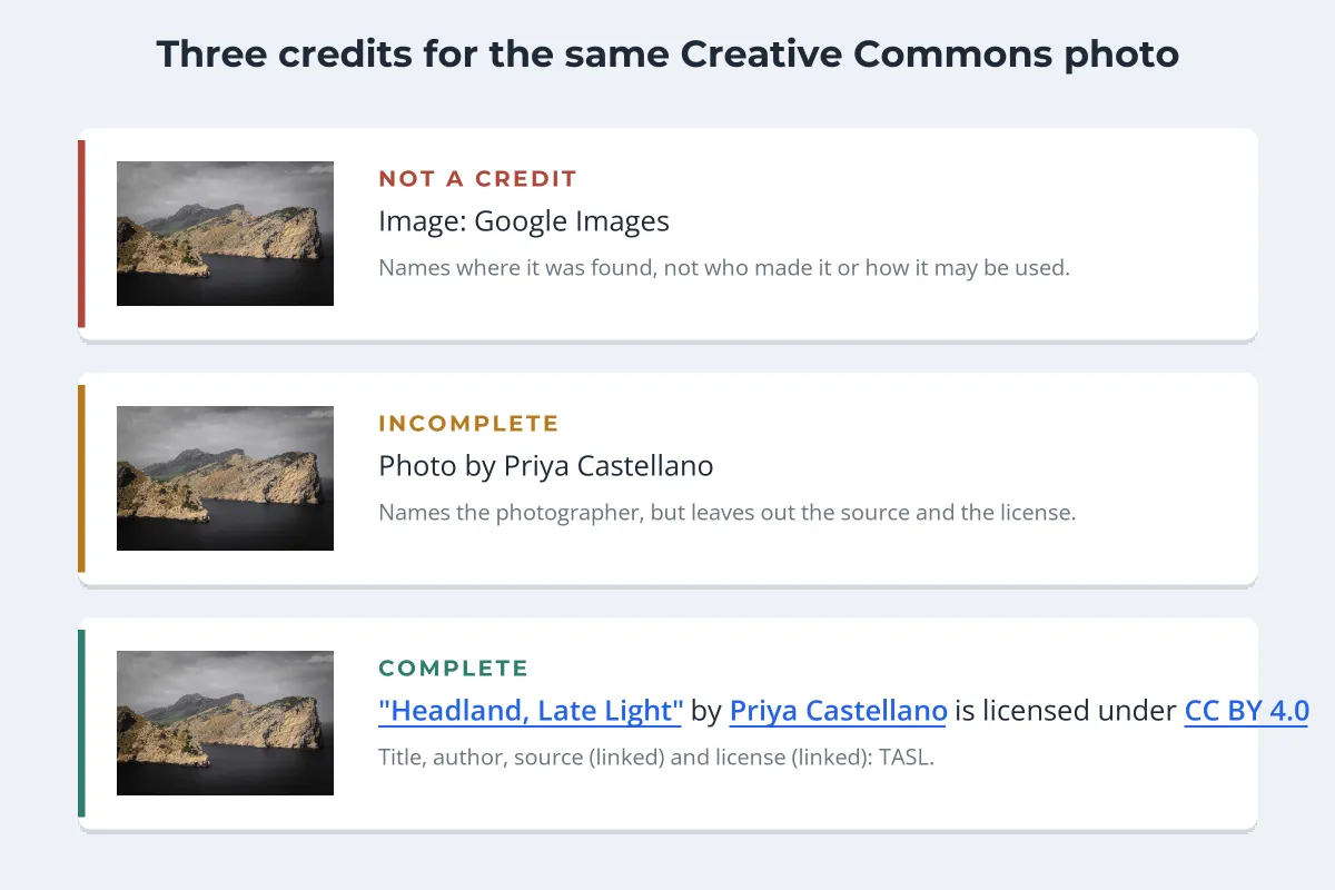 Three credit cards for the same cliff photo: Image: Google Images marked Not a credit, Photo by Priya Castellano marked Incomplete, and a full linked credit naming the title, author and CC BY 4.0 license marked Complete