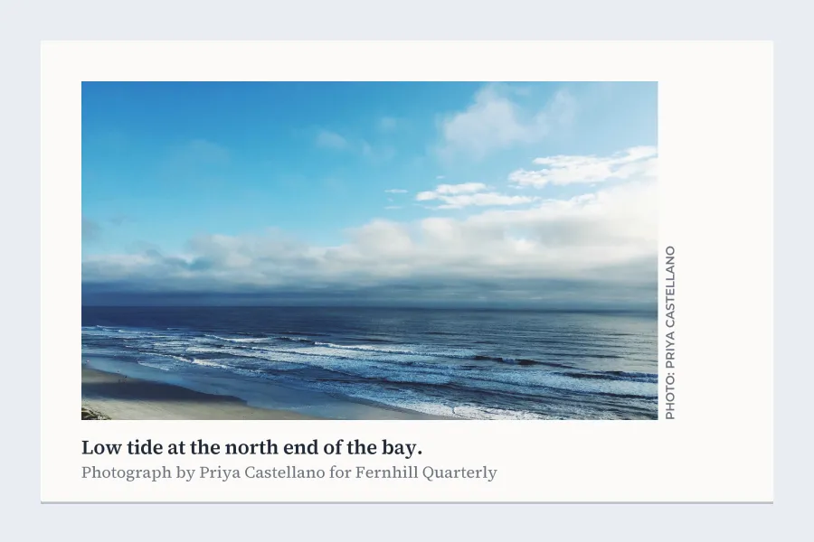 A printed page with a seascape photo, a small vertical PHOTO: PRIYA CASTELLANO credit along its right edge, and a caption beneath it naming the photographer and the publication