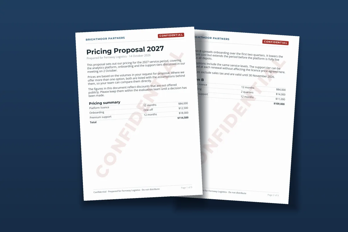 Two pages of a pricing proposal on a dark blue background, each with a red CONFIDENTIAL label in the header, a confidentiality line in the footer and a faint CONFIDENTIAL watermark across the page