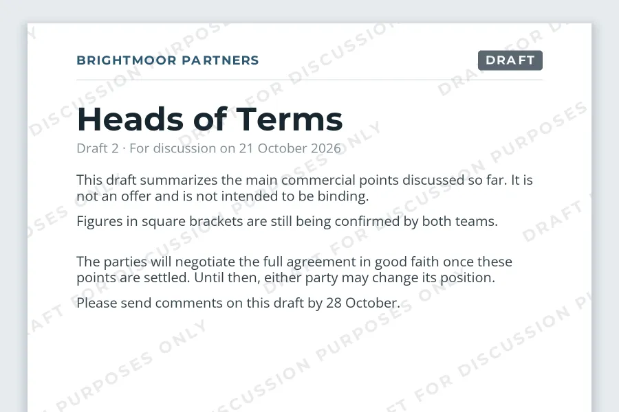 The top of a heads of terms document with a gray DRAFT label in the header and a faint repeated DRAFT FOR DISCUSSION PURPOSES ONLY watermark