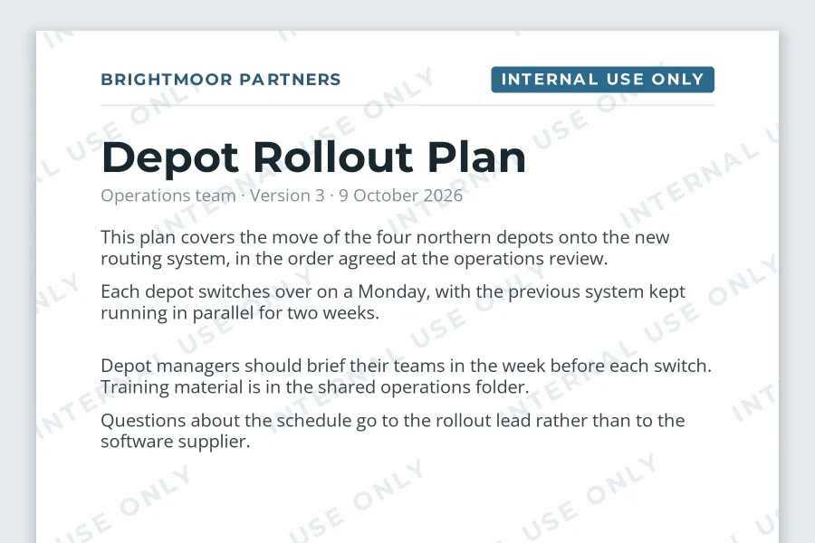 The top of a depot rollout plan with a blue INTERNAL USE ONLY label in the header and a faint repeated INTERNAL USE ONLY watermark