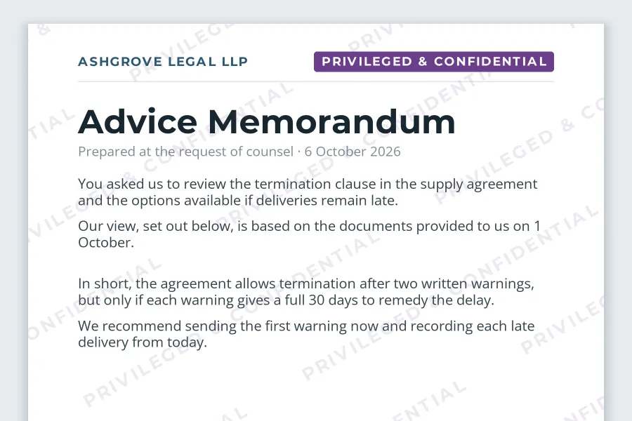 The top of a legal advice memorandum with a purple PRIVILEGED & CONFIDENTIAL label in the header and a faint repeated watermark of the same words