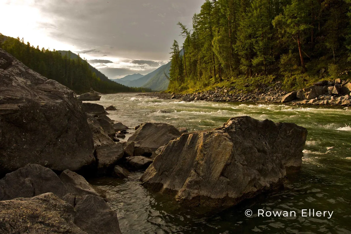 A rocky river in a forested valley with © Rowan Ellery in white in the lower right