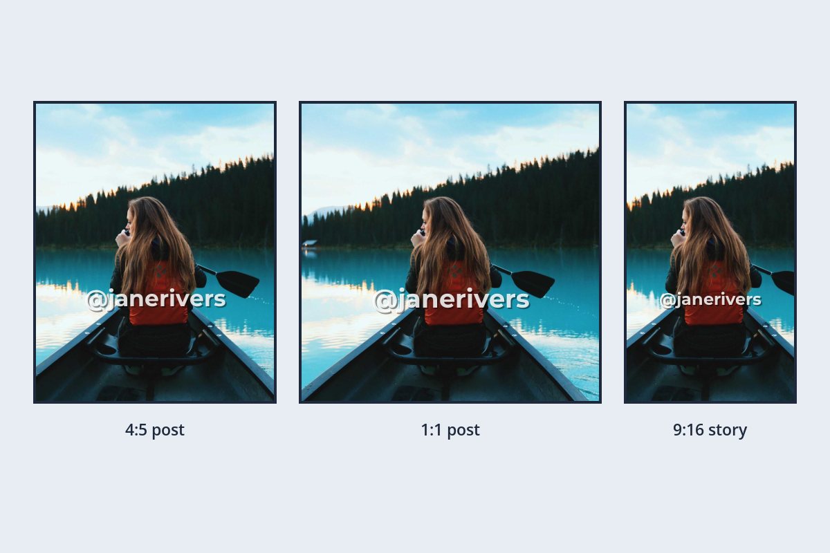 The same photo of a woman paddling a canoe prepared as a 4:5 post, a square post and a 9:16 story, with an @janerivers watermark in the middle of each
