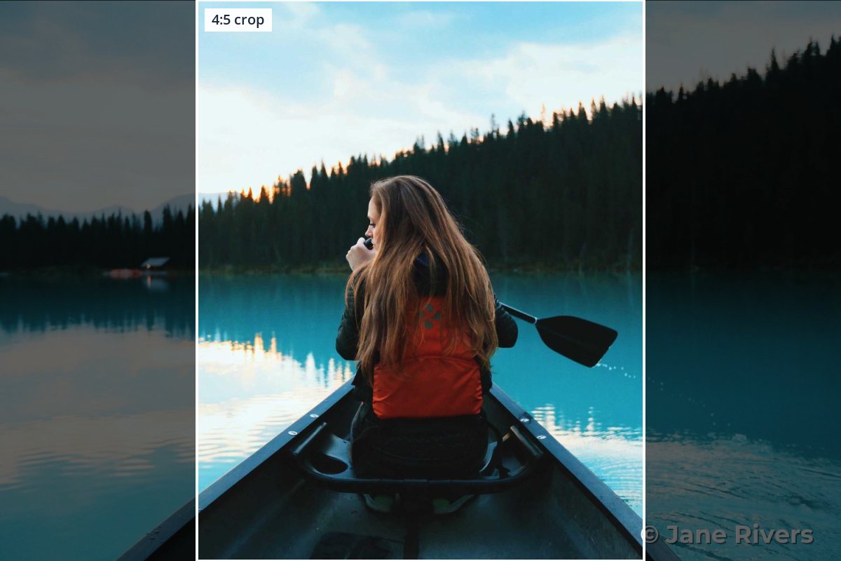 A landscape canoe photo with a 4:5 crop outlined in the middle and a corner watermark left outside the crop in the shaded area