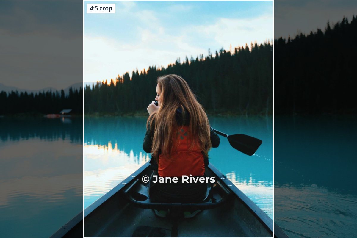 The same canoe photo with the watermark placed on the canoe inside the outlined 4:5 crop