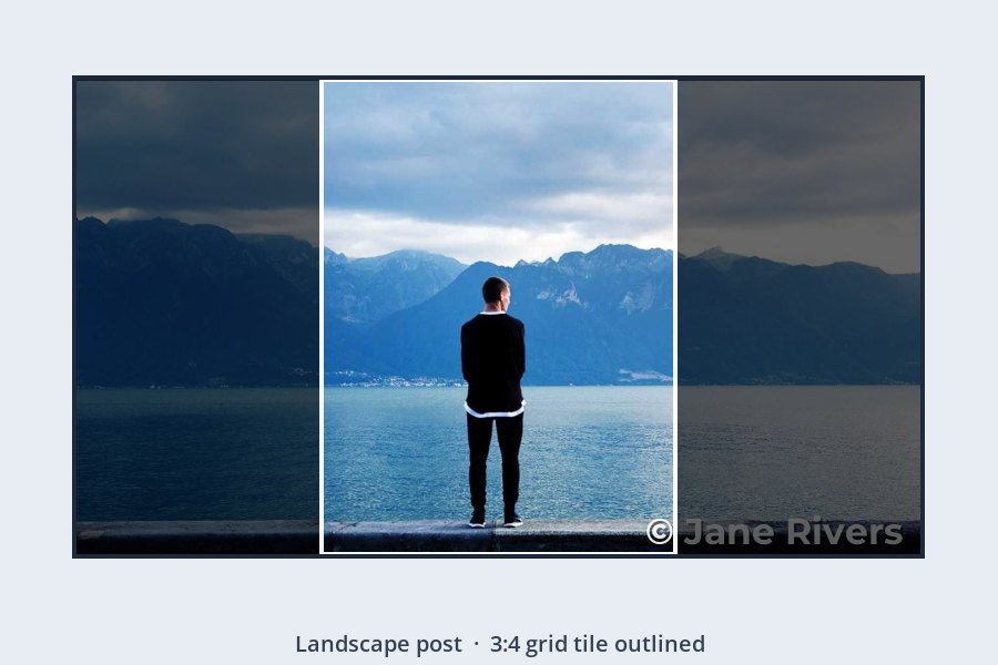 A wide landscape post of a man at a lake with a narrow 3:4 tile outlined in the middle, leaving the corner watermark far outside