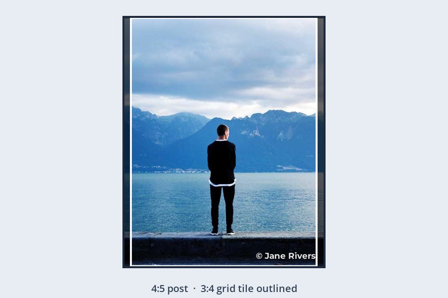 A 4:5 post of a man at a lake with the 3:4 grid tile outlined, trimming only thin strips from the sides