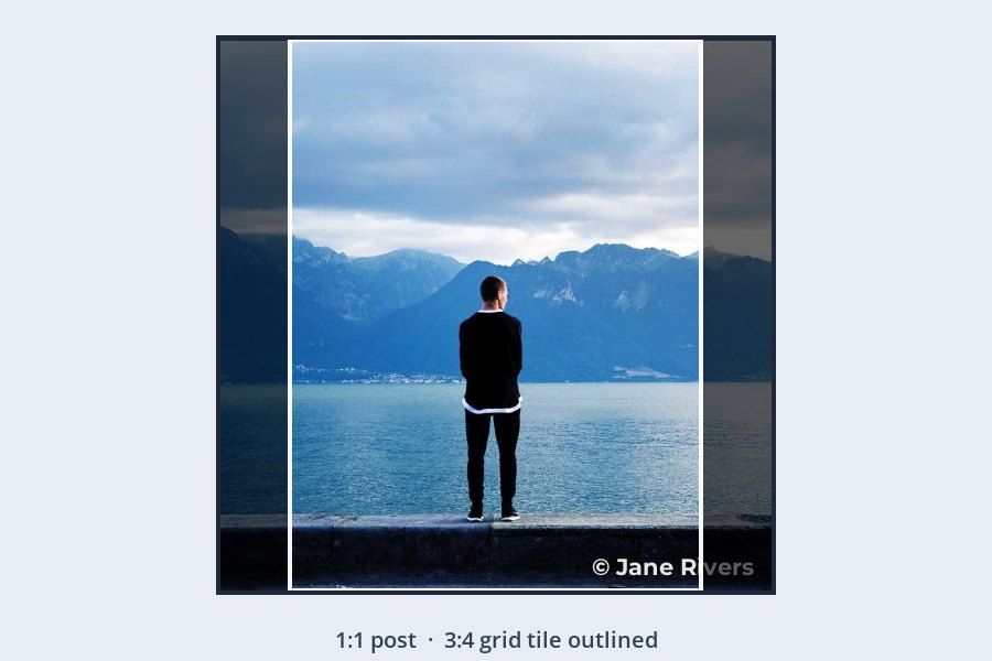 A square post of a man at a lake with the centered 3:4 grid tile outlined, cutting the corner watermark in half