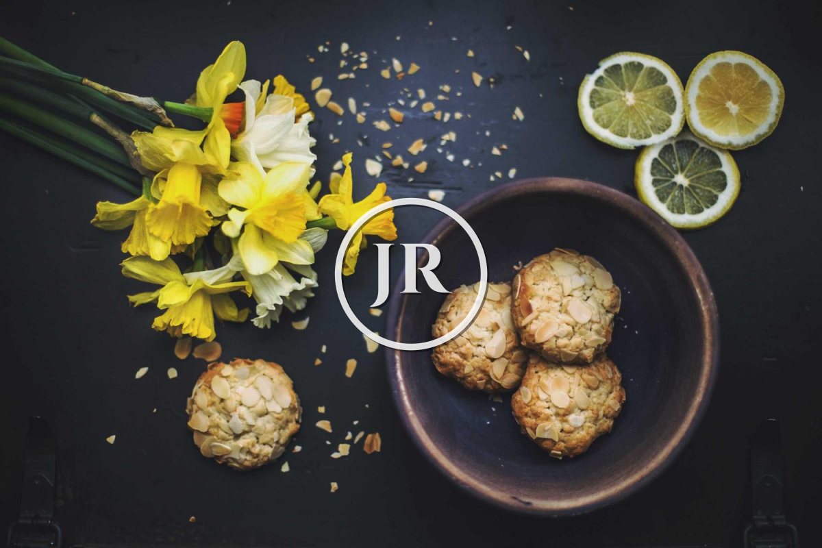 The same flat lay photo with a white circular JR logo watermark