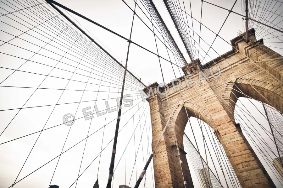 Suspension bridge cables and a stone tower seen from below, with © ELLIS MOREAU in large, semi-transparent letters angled across dozens of cables and the stonework
