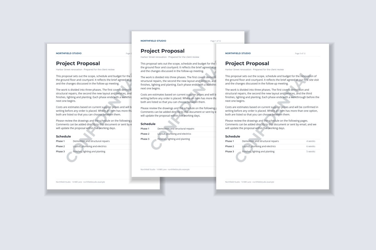 Three pages of a project proposal, each with a faint diagonal CONFIDENTIAL watermark