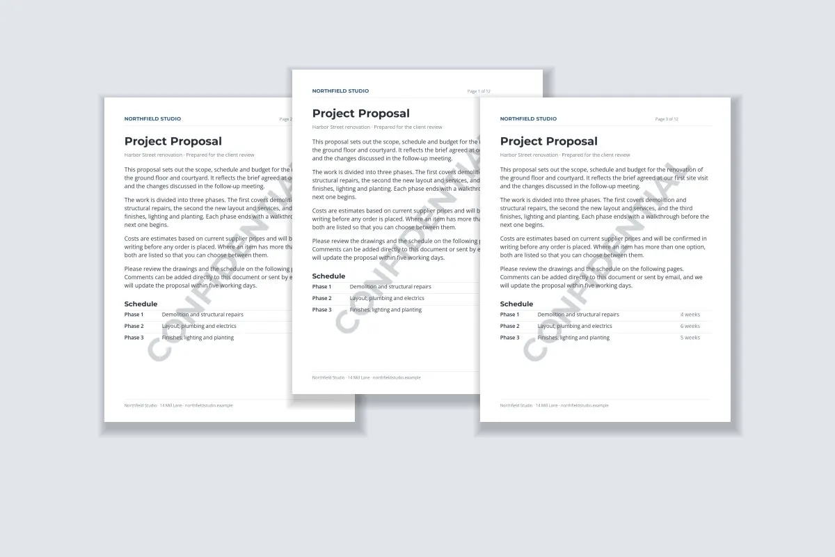 Three pages of a project proposal, each with a faint diagonal CONFIDENTIAL watermark