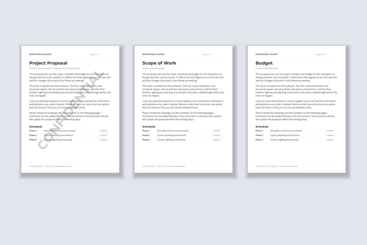 Three pages of a proposal where only the first page carries a CONFIDENTIAL watermark