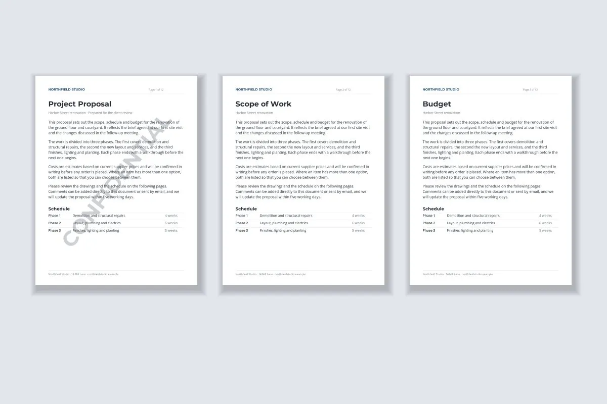 Three pages of a proposal where only the first page carries a CONFIDENTIAL watermark