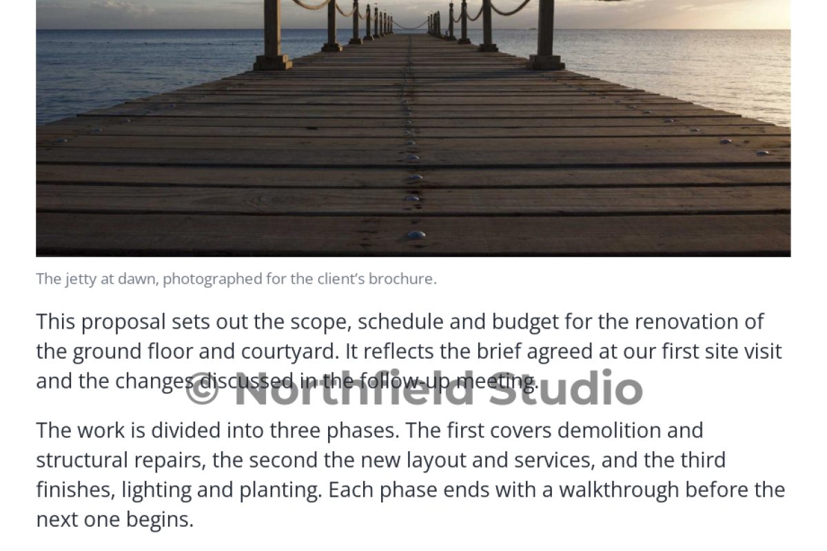 A portfolio page with the watermark placed over the paragraphs below the photo