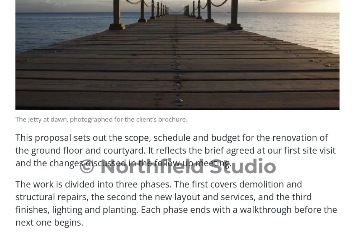 A portfolio page with the watermark placed over the paragraphs below the photo