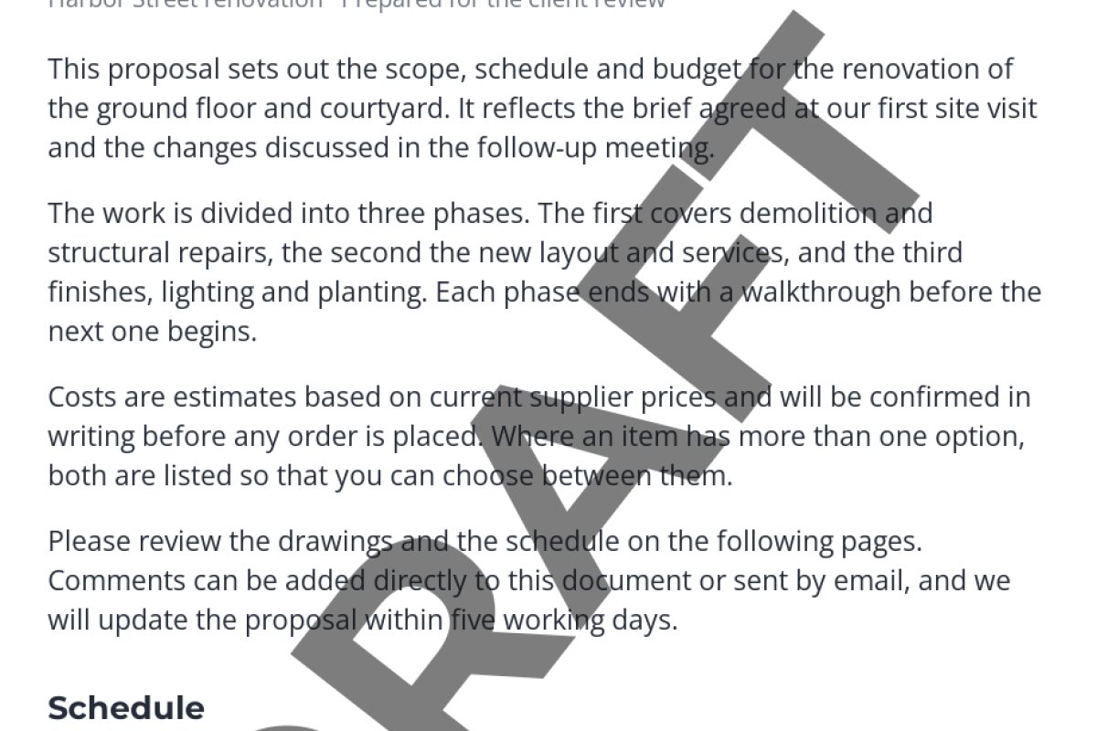 A proposal page with a dark DRAFT watermark at high opacity that cuts through the paragraphs