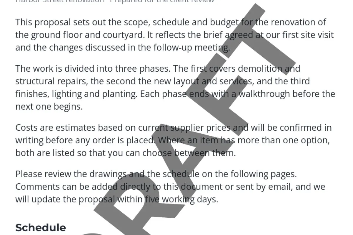 A proposal page with a dark DRAFT watermark at high opacity that cuts through the paragraphs
