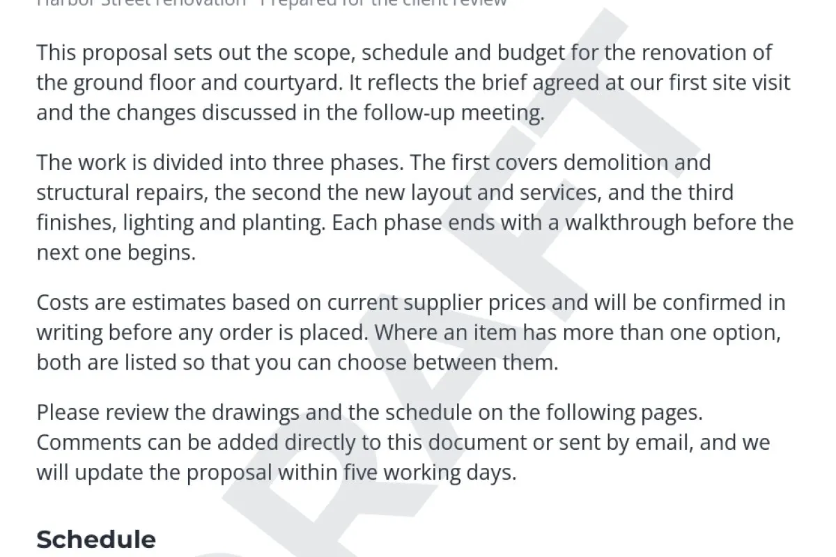 The same page with a light gray DRAFT watermark at low opacity; the text reads clearly