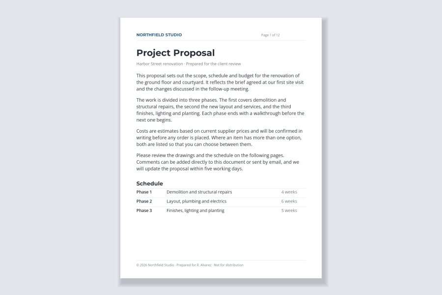 A page with a footer line naming who the document was prepared for
