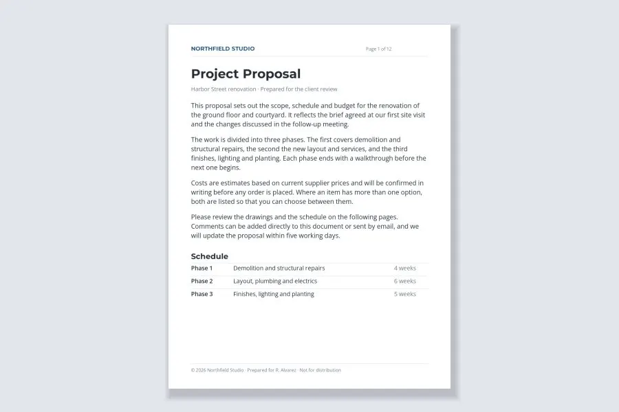 A page with a footer line naming who the document was prepared for