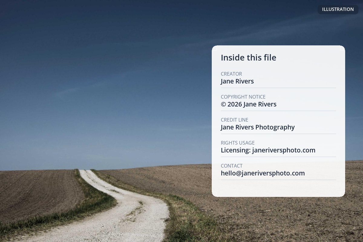 A country road through fields with an illustrated panel listing the creator, copyright notice and credit stored inside the photo file
