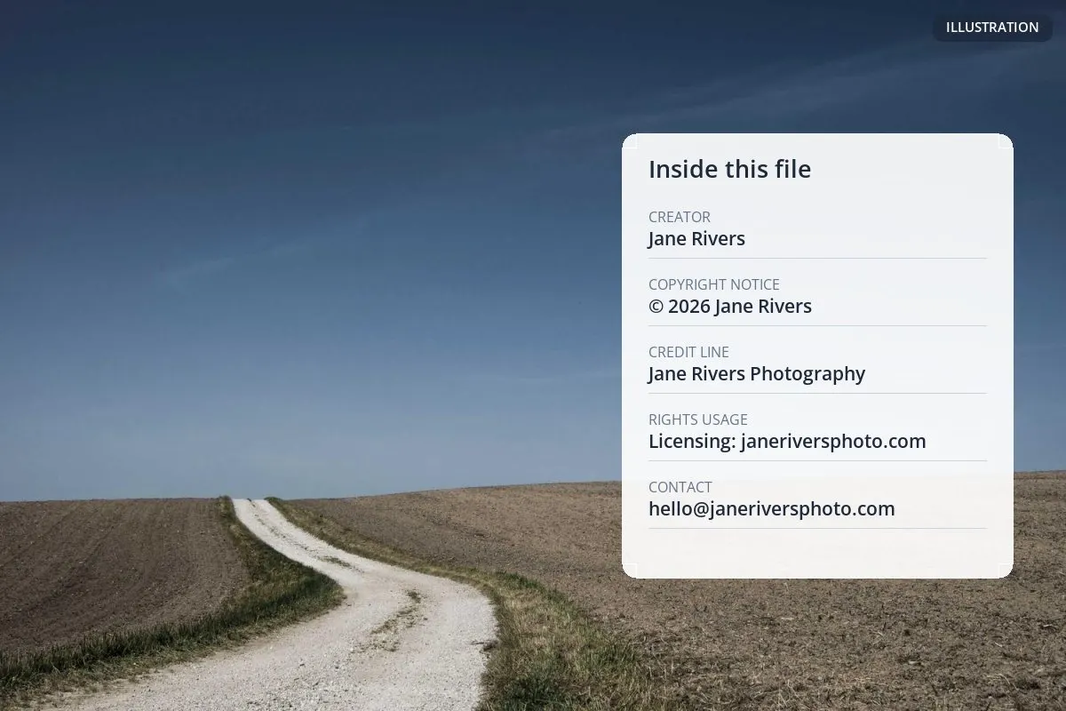 A country road through fields with an illustrated panel listing the creator, copyright notice and credit stored inside the photo file