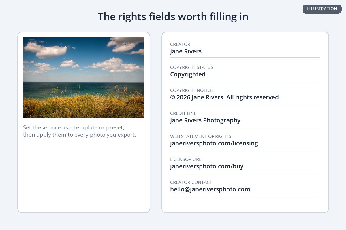 An illustrated panel with creator, copyright status, copyright notice, credit line, web statement of rights, licensor URL and contact filled in