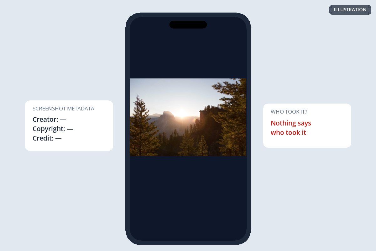 An illustrated phone screenshot of a forest photo with empty metadata and nothing identifying the photographer