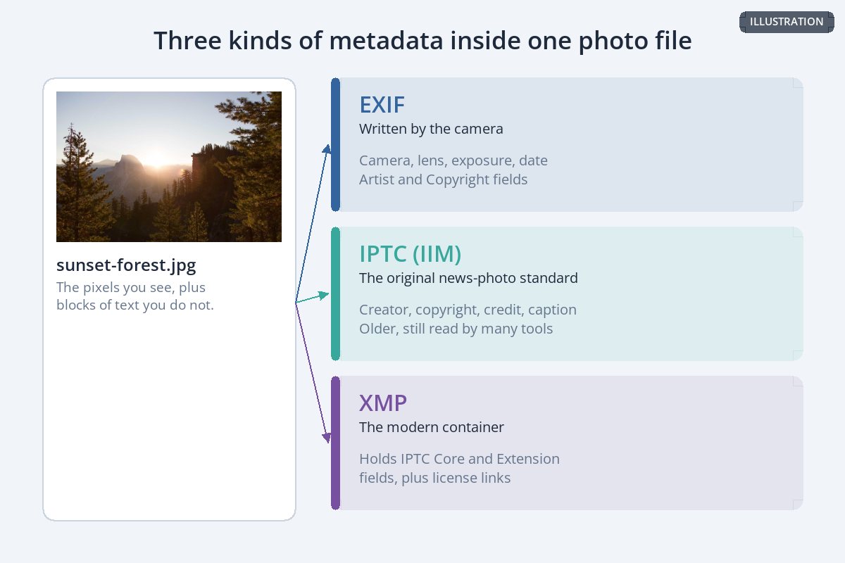 A diagram of one photo file containing three kinds of metadata: EXIF, IPTC and XMP