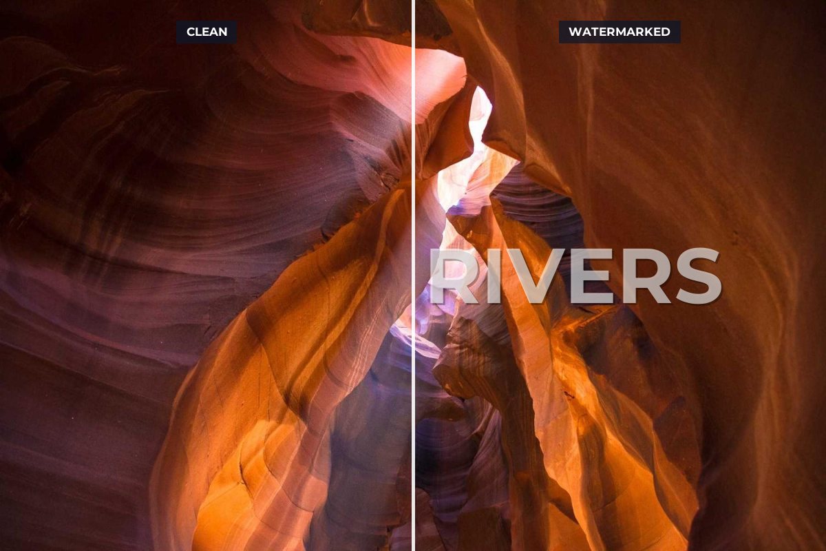 A slot canyon photo split down the middle: the left half is clean, the right half has a large © JANE RIVERS watermark