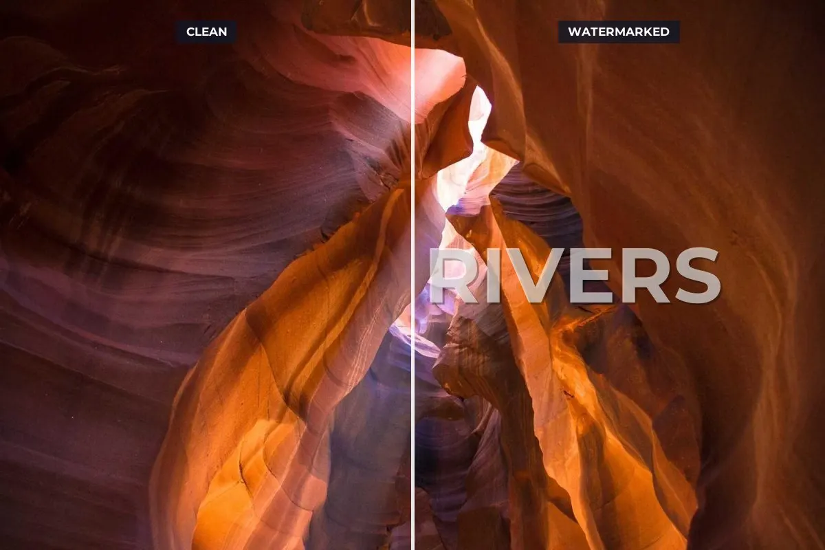 A slot canyon photo split down the middle: the left half is clean, the right half has a large © JANE RIVERS watermark