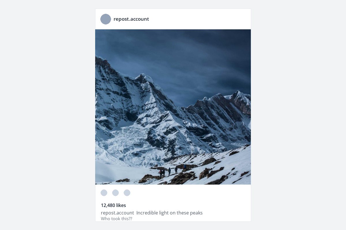 A social media style post from a repost account showing a mountain photo with no credit, and a comment asking who took it