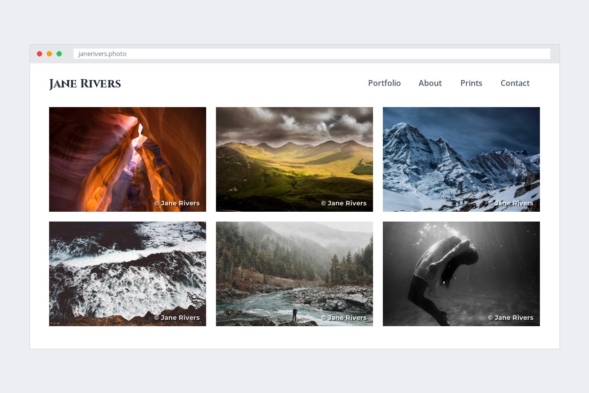 A photographer’s portfolio page in a browser, showing a grid of six landscape photos, each with a small © Jane Rivers credit in the corner