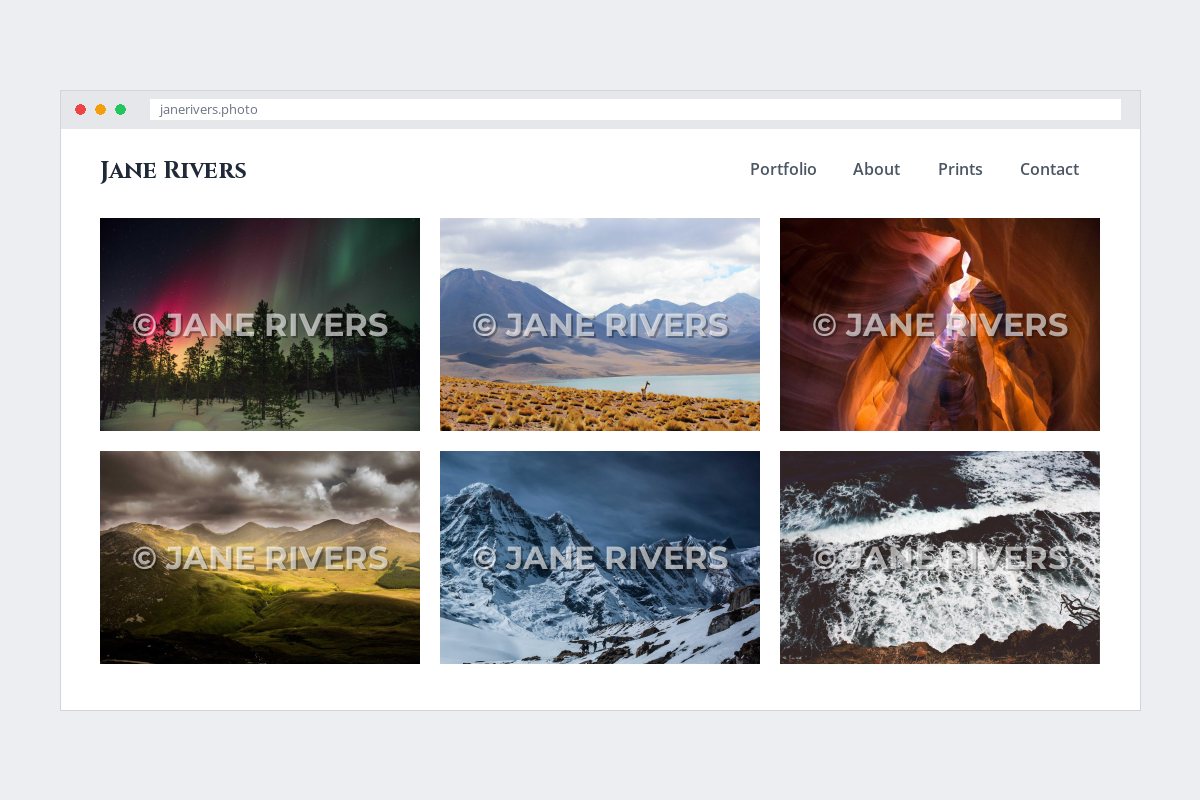 A portfolio grid where every photo has a large © JANE RIVERS watermark across the middle
