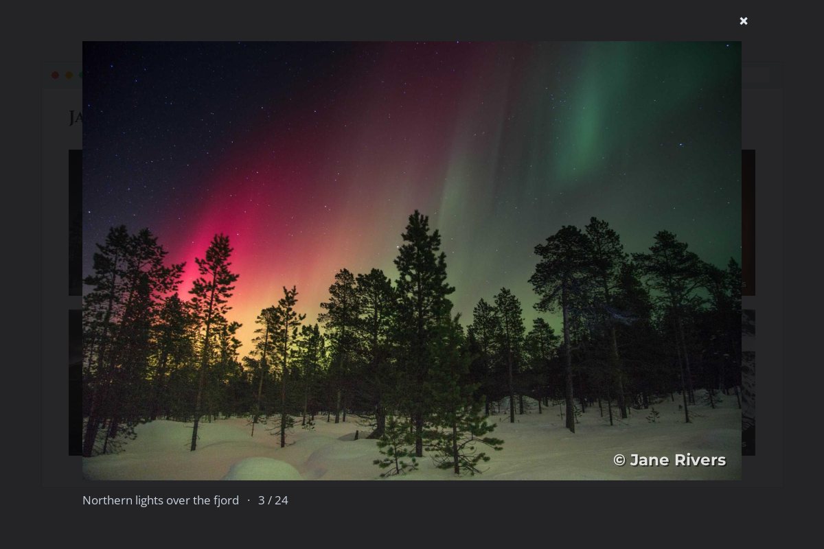 A portfolio site with a full-screen lightbox open over it, showing a northern lights photo with a small © Jane Rivers credit in the corner
