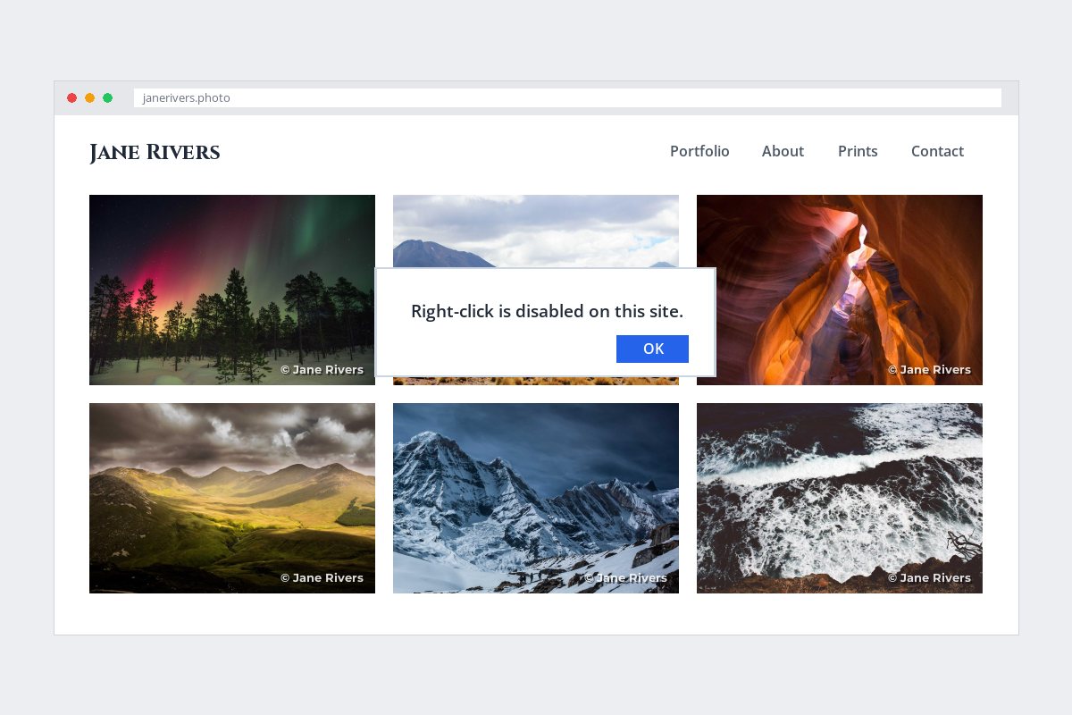 A portfolio page showing a message that right-click is disabled on this site