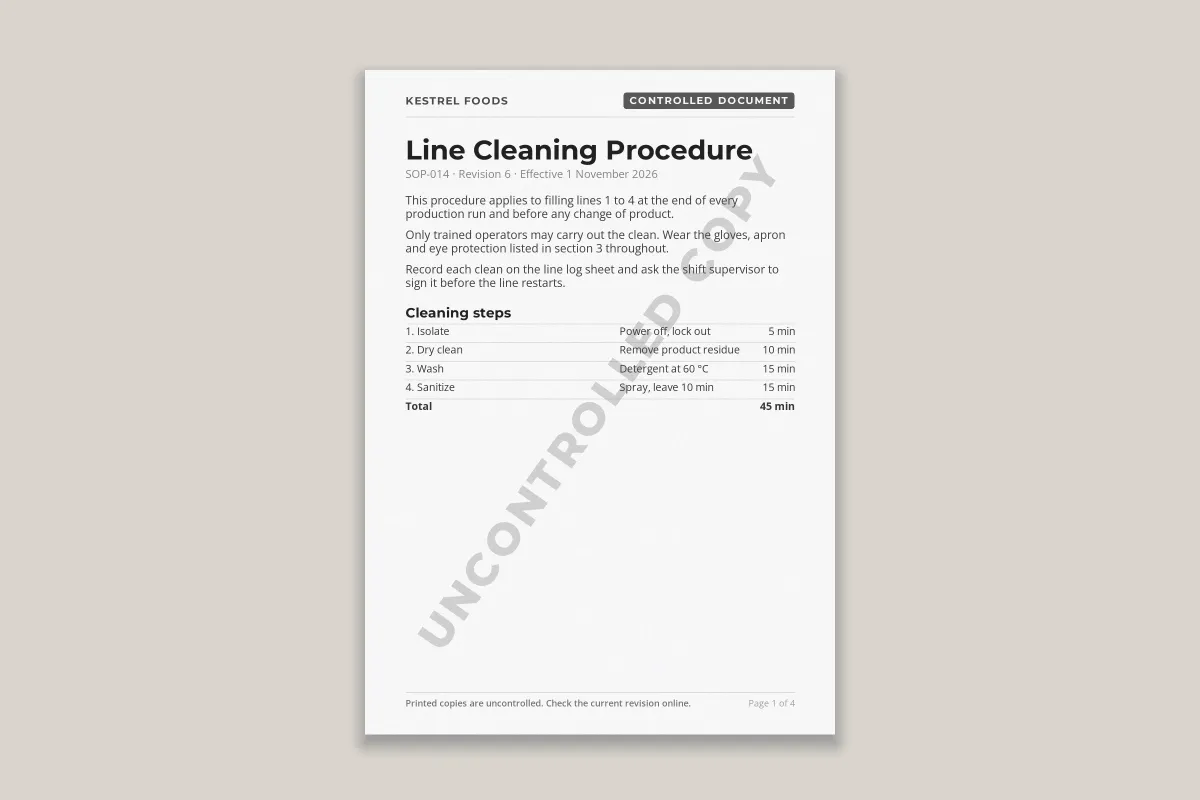 The same procedure printed on paper, with a large gray UNCONTROLLED COPY watermark across the page