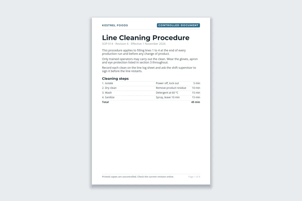 A line cleaning procedure page with a CONTROLLED DOCUMENT label in the header and no watermark, as shown on screen