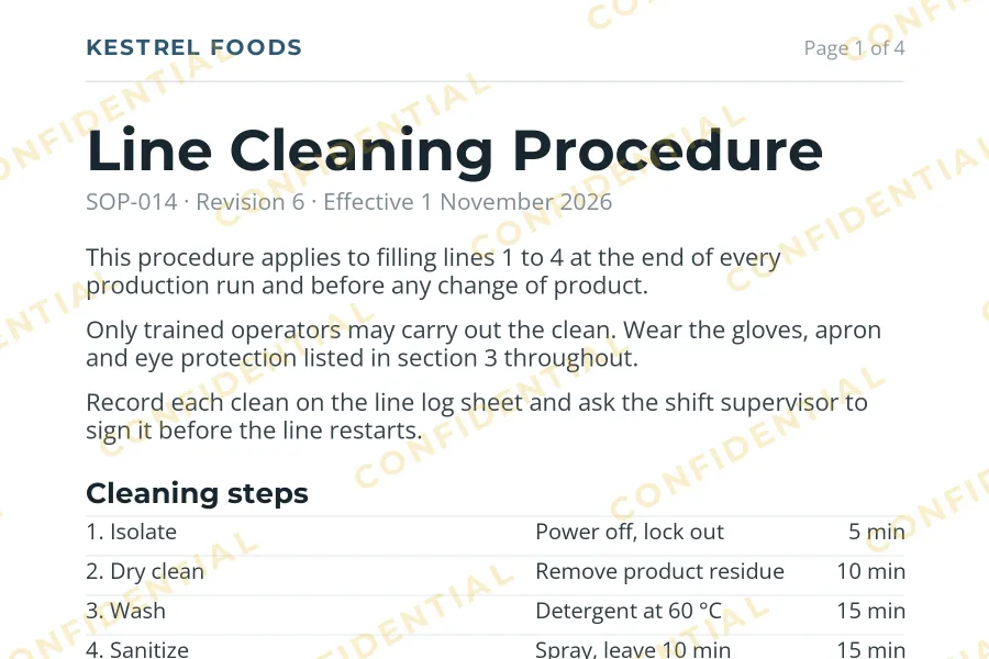 A procedure page with a repeating pale yellow CONFIDENTIAL watermark, clearly visible on screen