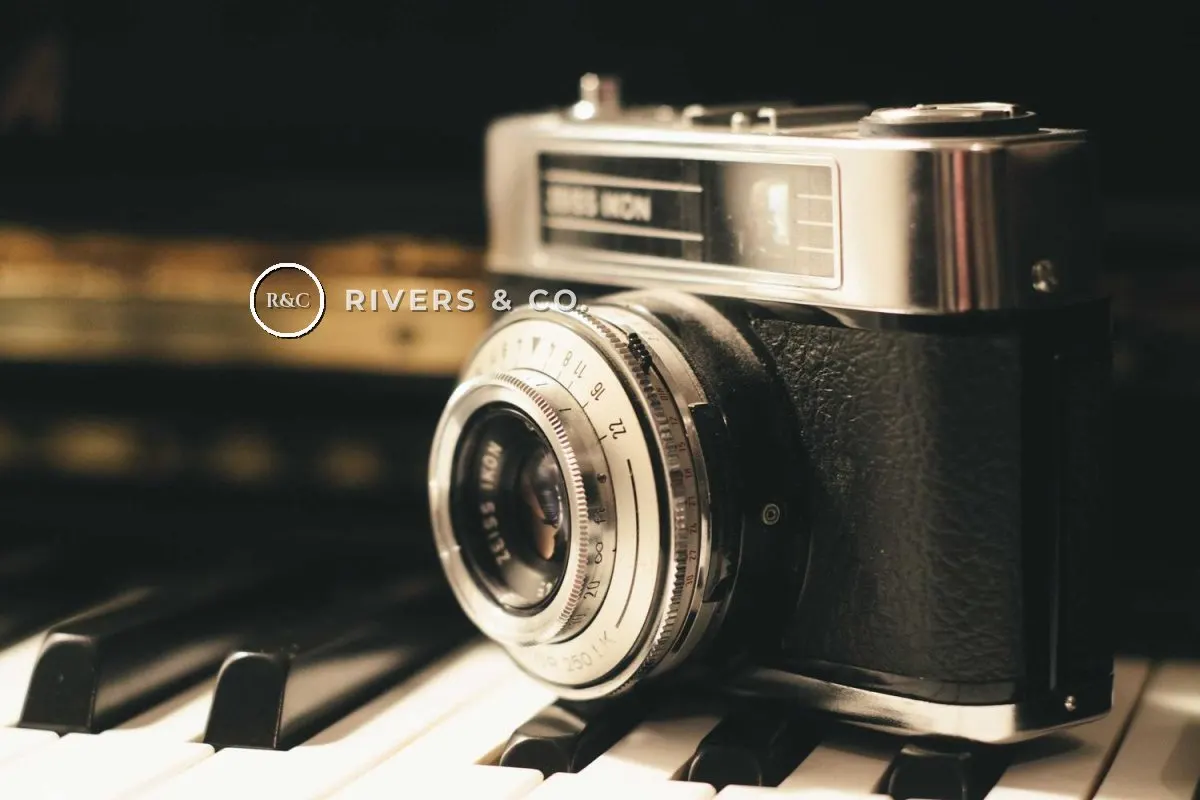 The camera with the logo overlapping the left edge of the camera body
