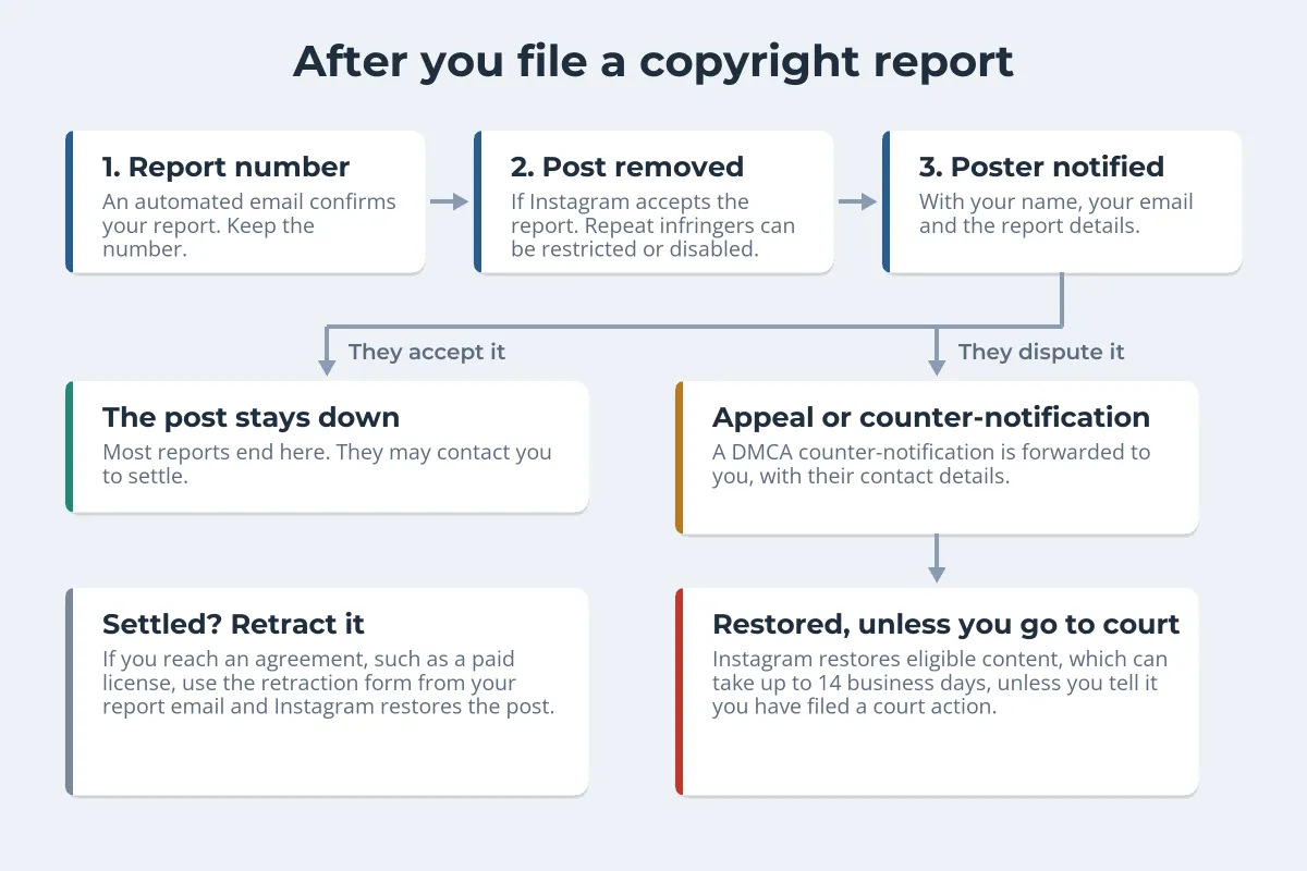 A flow diagram: report number by email, post removed, poster notified; if they accept, the post stays down and you can retract after settling; if they dispute with a counter-notification, it is forwarded to you and the post is restored within up to 14 business days unless you file a court action