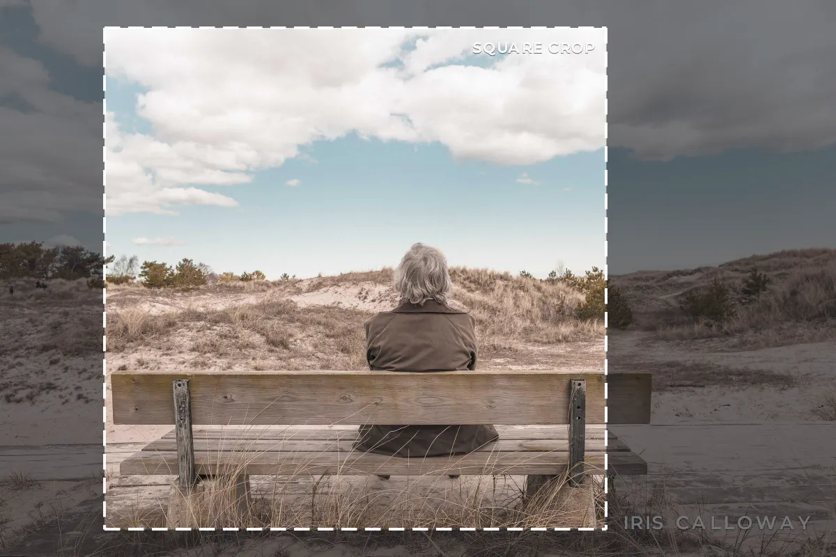 A photo of a person on a beach bench with IRIS CALLOWAY in the bottom right corner, outside a dashed square crop that shows how a repost would trim it