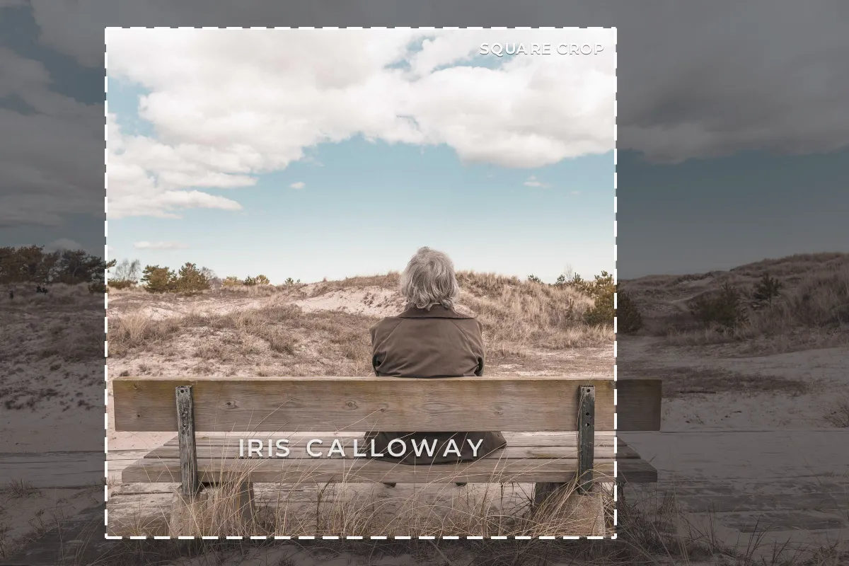 The same photo with IRIS CALLOWAY across the bench inside the square crop, so a cropped repost still shows it