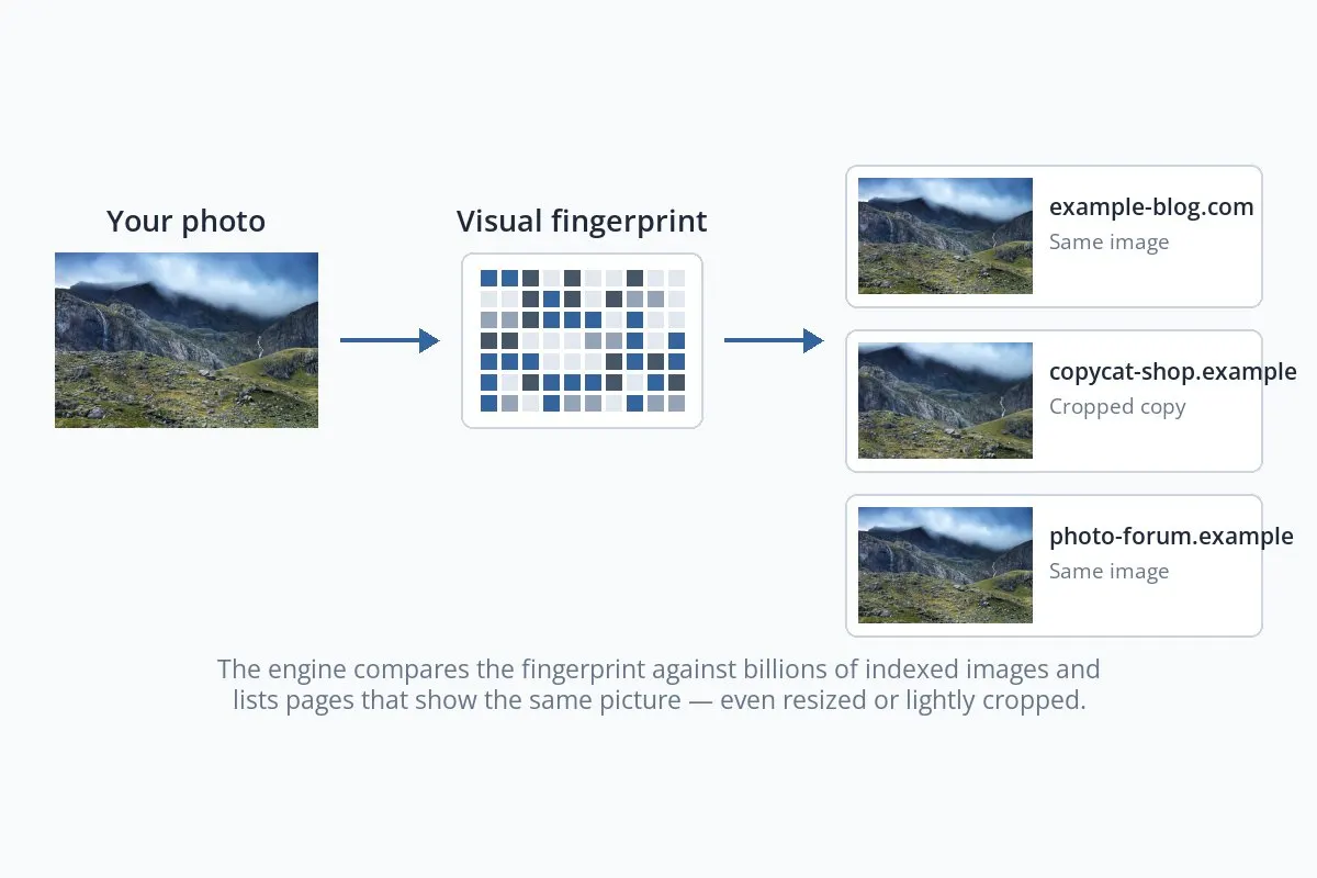 A diagram: a mountain photo becomes a grid-like visual fingerprint, which is matched to three web pages showing the same photo, one of them cropped