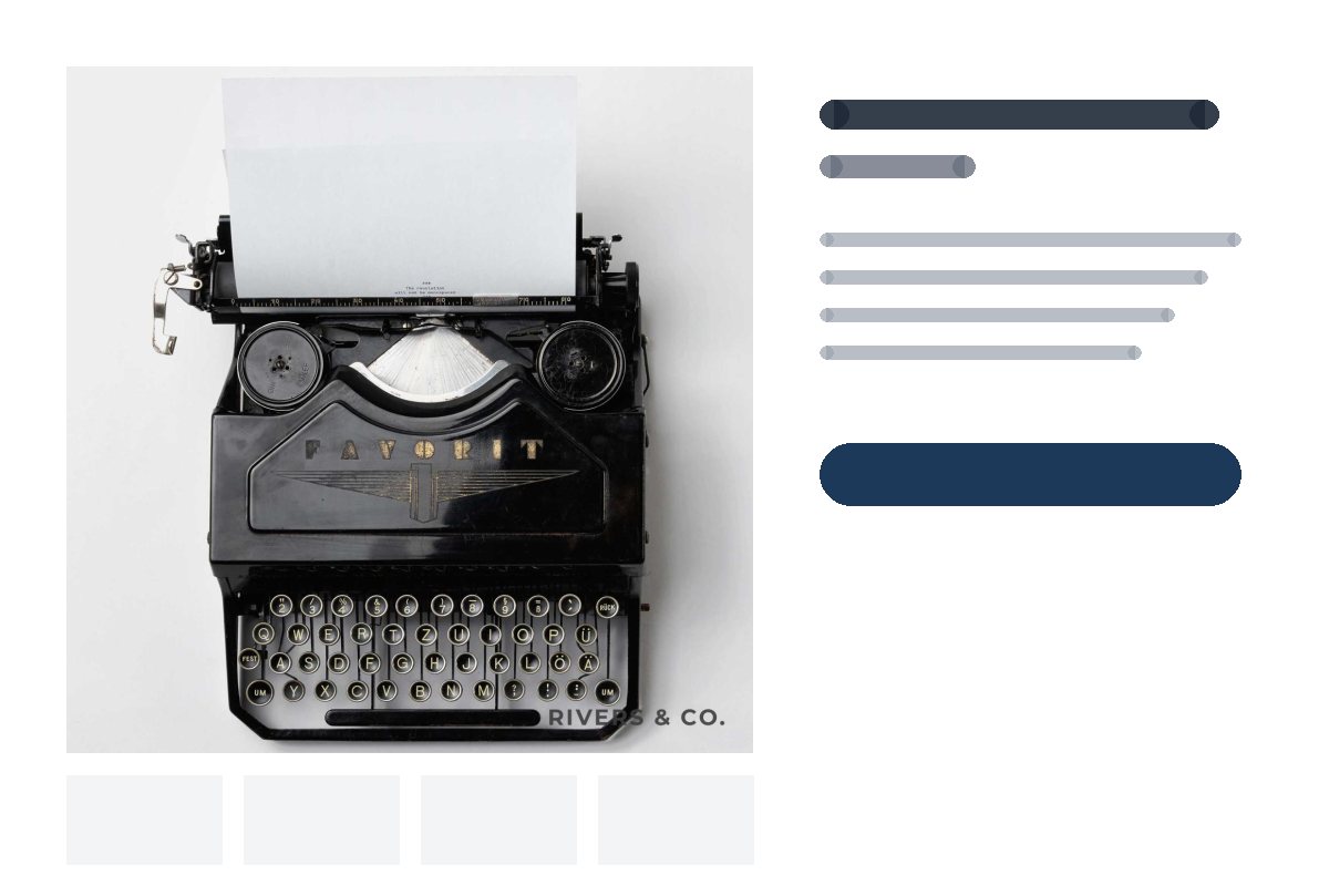 A generic product page with a typewriter photo, placeholder title and price, and a small shop mark in the photo corner