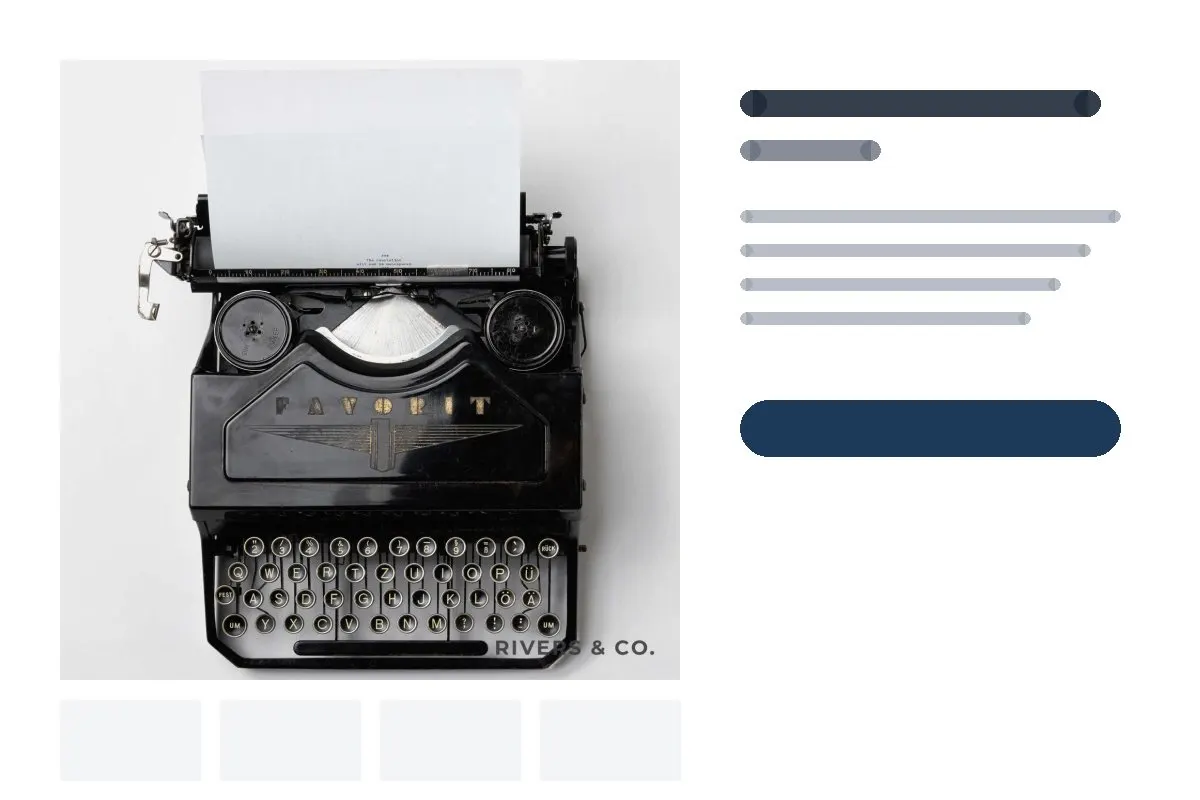 A generic product page with a typewriter photo, placeholder title and price, and a small shop mark in the photo corner
